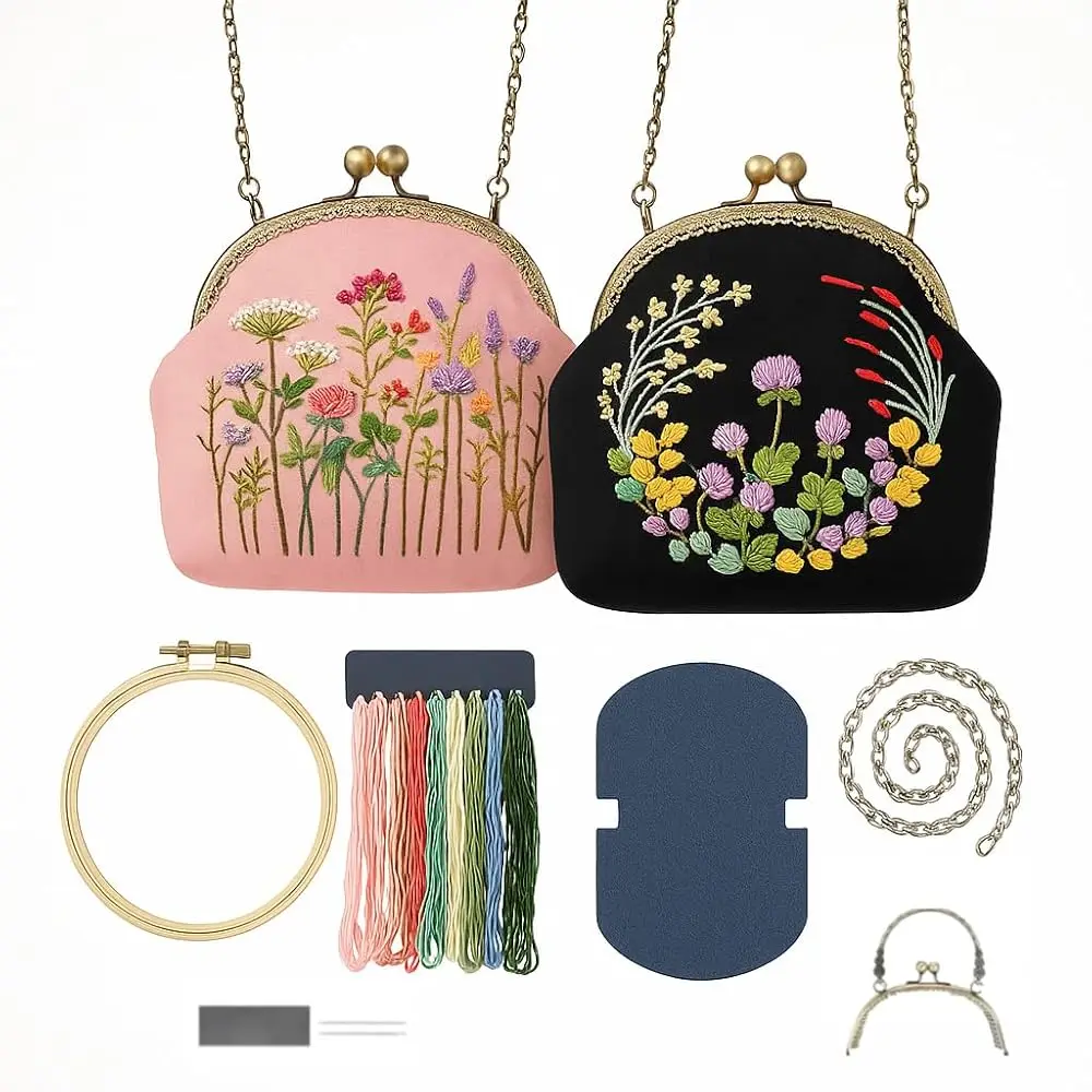 

DIY Embroidery Kit for Handmade Bags – 2 Complete Sets with Threads, Needles, Hoop, Patterns & Instructions - Beginner Friend