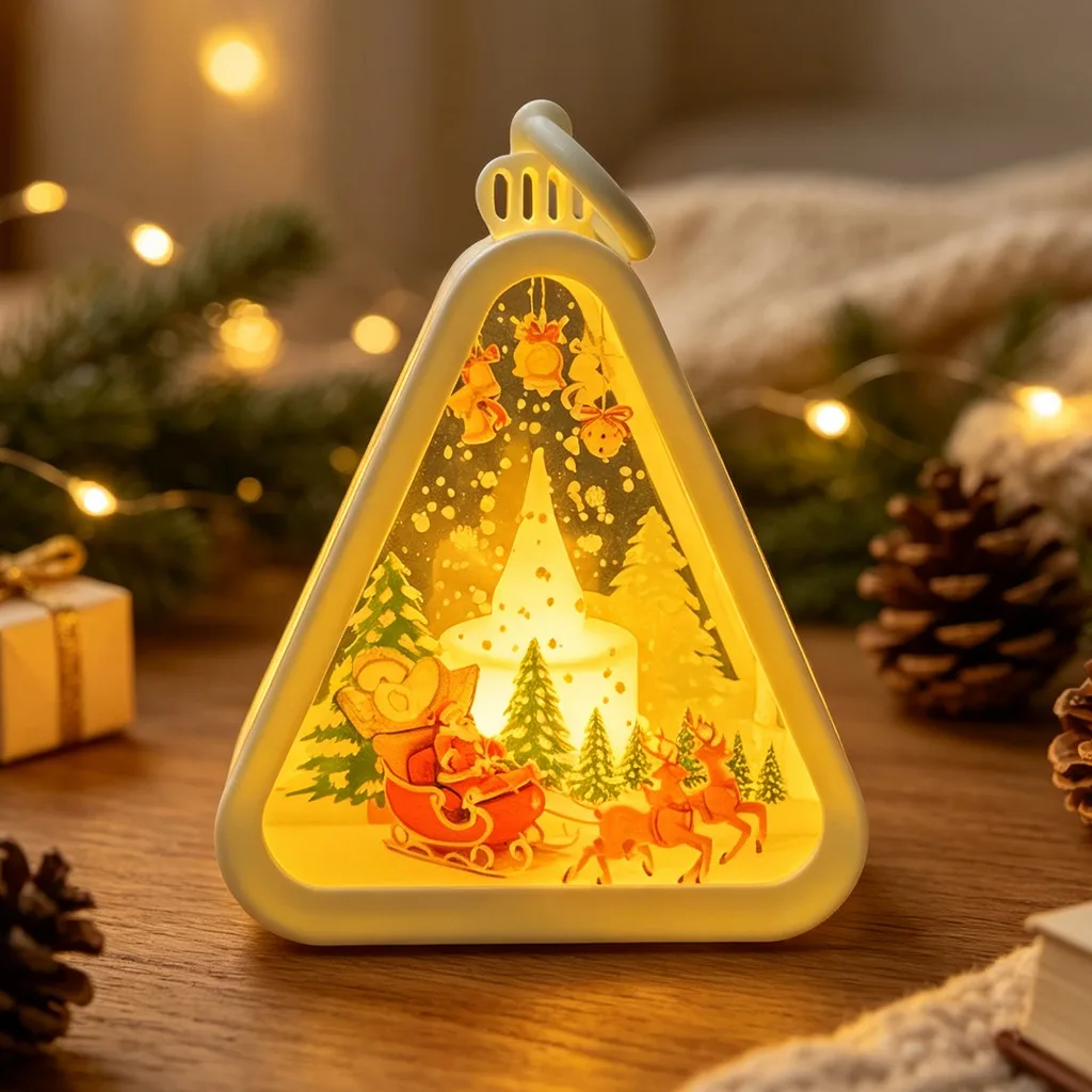 Triangle Christmas Night Light Retro Christmas Desktop Decoration Vintage Glowing Night Light Vintage Hanging Christmas Lantern