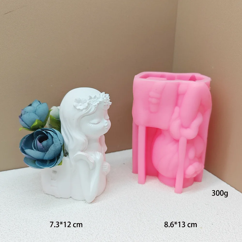 Backpack Girl Short Mouth Vase Flower Arrangement Silicone Cement Mold, DIY Handmade Ashtray Pen Holder Plaster Moulds