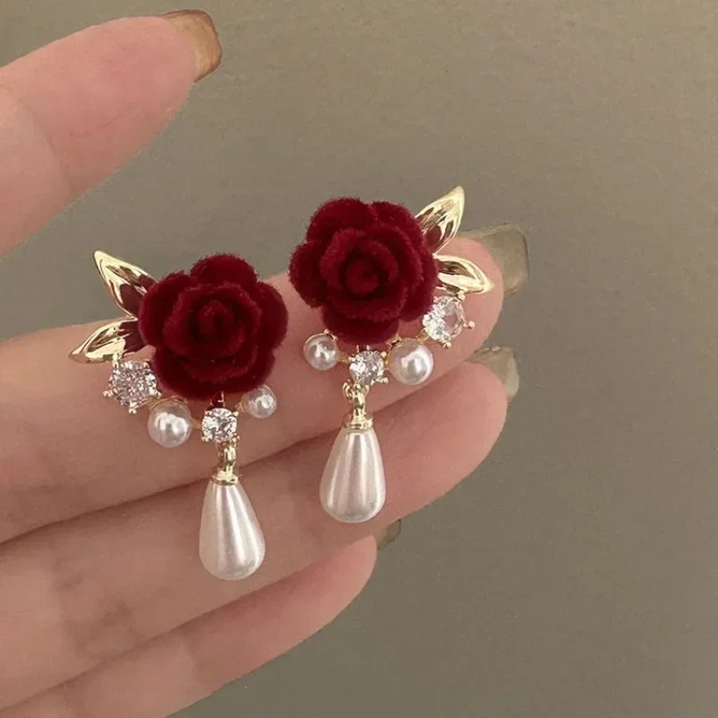 New Romantic Burgundy Velvet Rose Zircon Pearl Pendant Stud Earrings for Women Elegant Charming Temperament Sweet Girls Jewelry