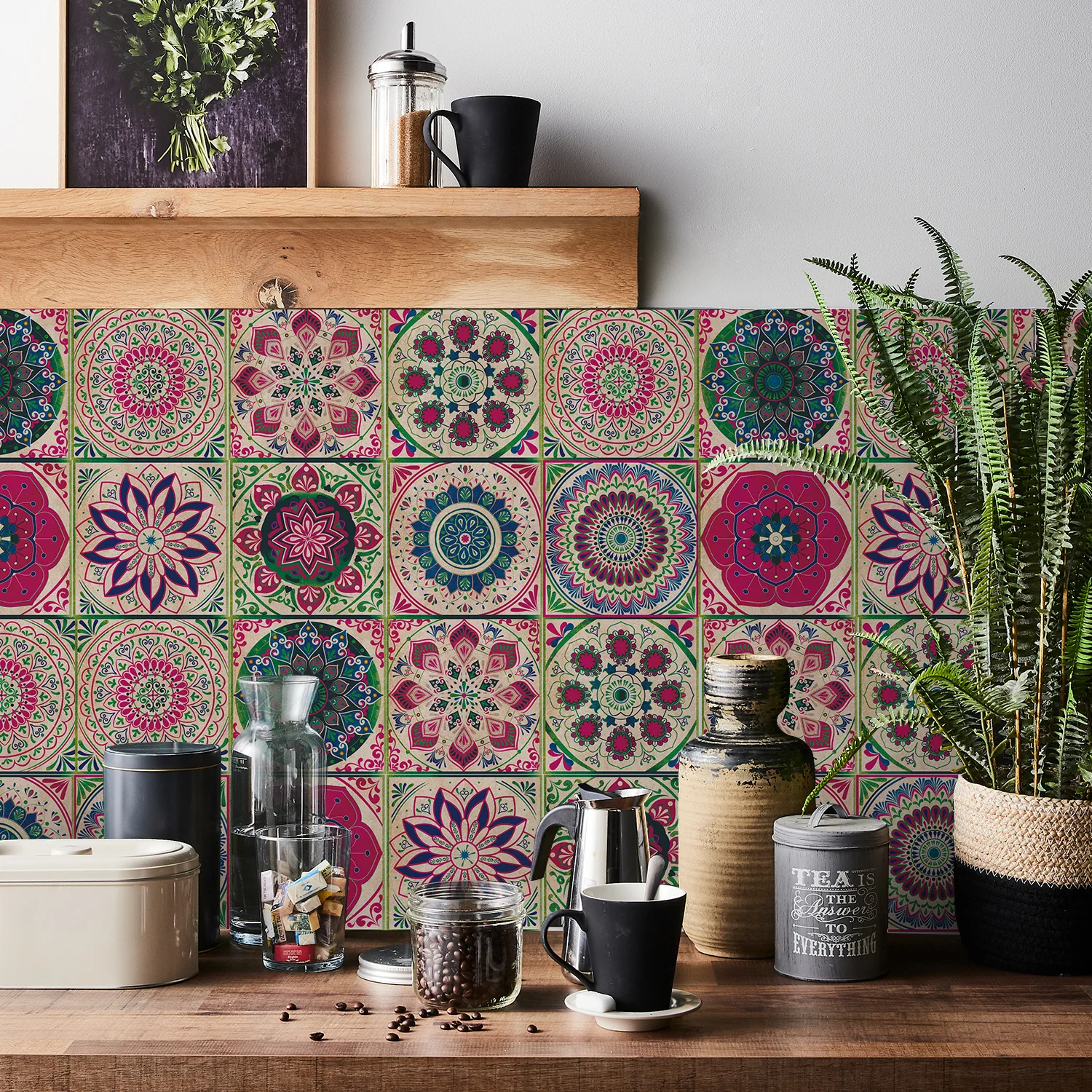 24 pieces of Mandala Retro Pattern Glossy Self-adhesive Tile Stickers for Kitchen and Bathroom Removable Waterproof Wall Sticker