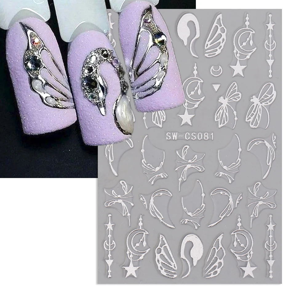 Spring Metallic Silver Nail Sticker 3D Y2K Style Star Moon Butterfly Dragonfly Wings Heart Flower Design Nail Decoration BESW-CS