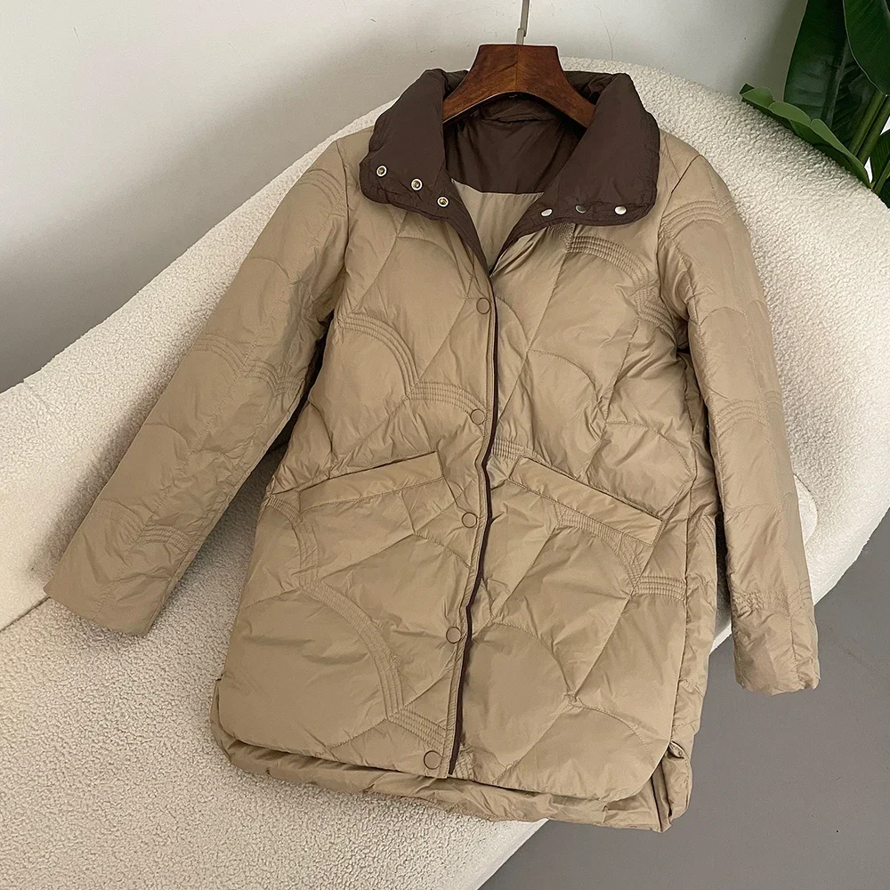 

2025 New Women Classic Mid-Length Warm Korean Style Loose 90 White Duck Down Jacket Autumn Winter Down Jacket Stand Collar Coat