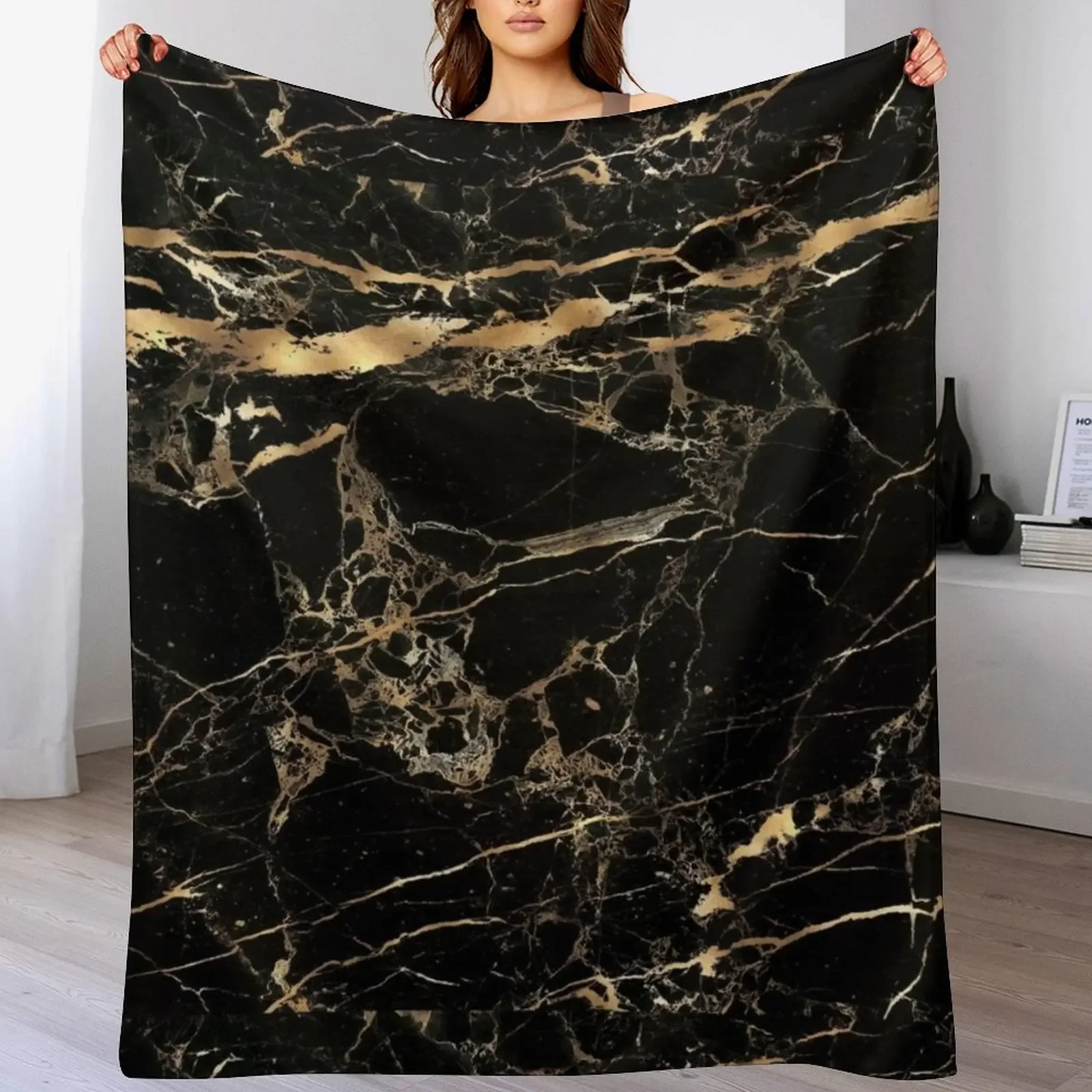 

Black Marble Gold Veins Throw Blanket Bed covers funny gift Summer Beddings Bed linens Blankets