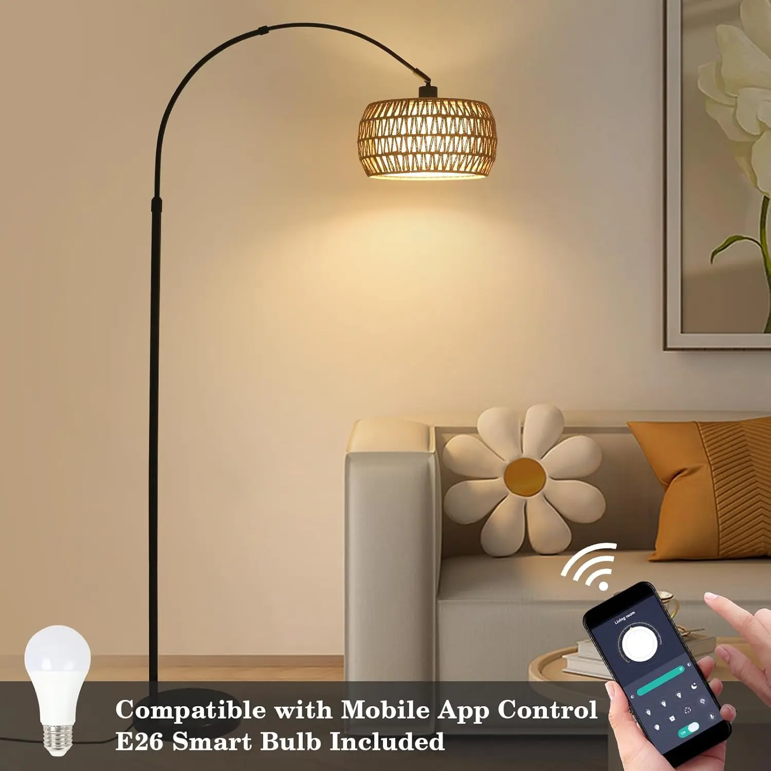 Adjustable Arc Floor Lamp with Remote, Dimmable LED Bulb, Rattan Shade for Living Room & Bedroom