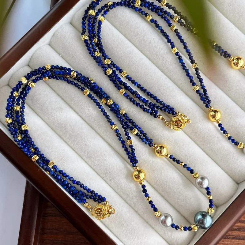 High-quality natural lapis lazuli crystal round bead and pearl multi-layer clavicle chain necklace