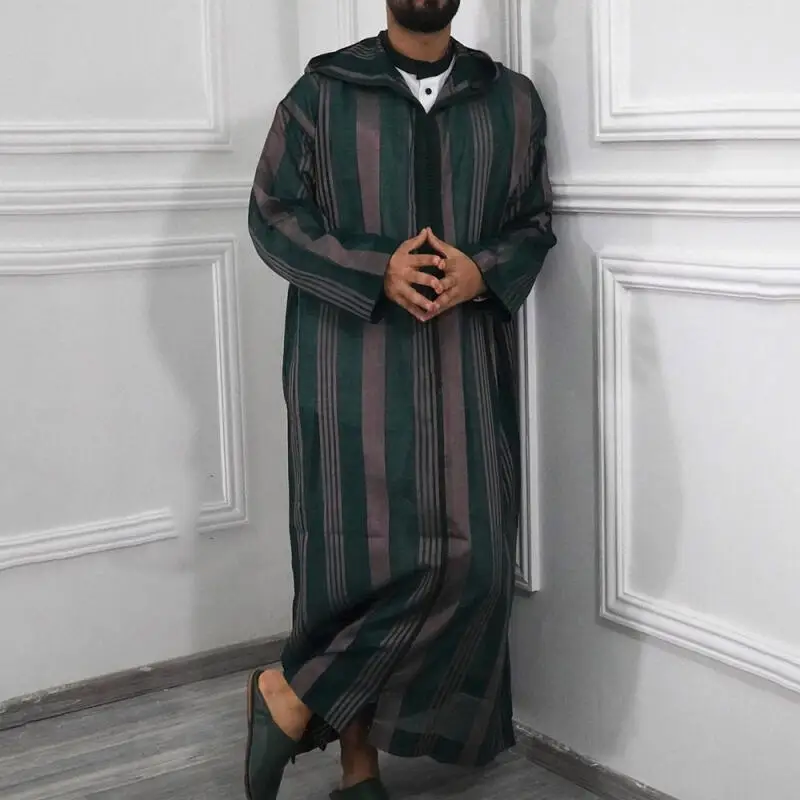 Stripe Hooded Men Islamic Kaftan Half Zip Long Sleeve Thobe Loose Long Robe Arabian Dubai Muslim Men Jubba New Plus Size 4Xl