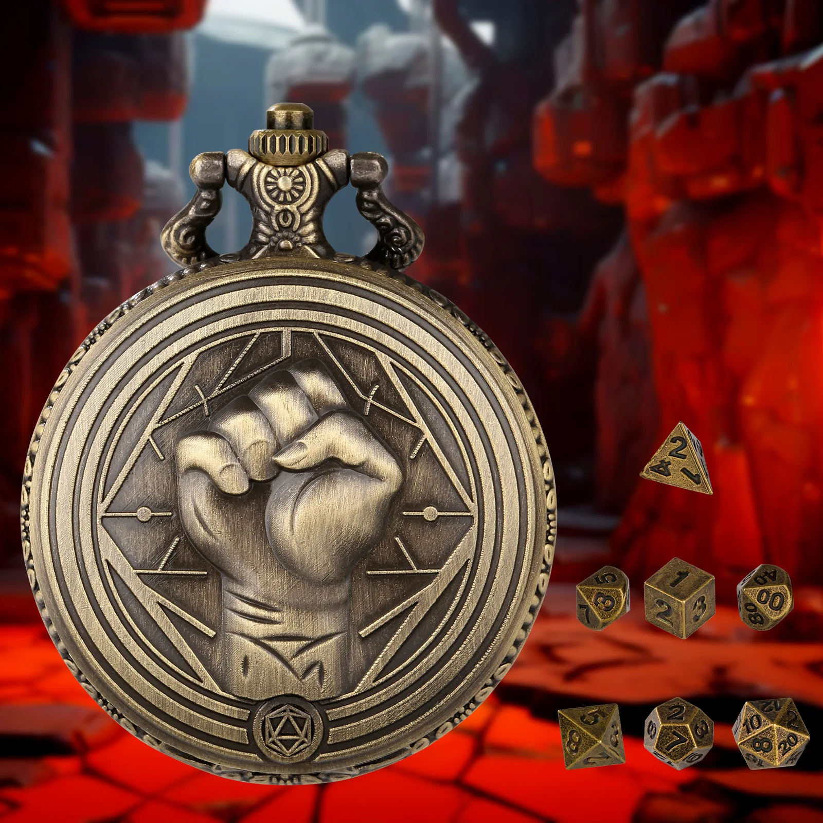 

Fist Pocket Watch Case DND Dice Jewelry Case Retro Flip Monk Fist Pattern Pocket Watch Dice Pendant Board Game Dice Mini Kit