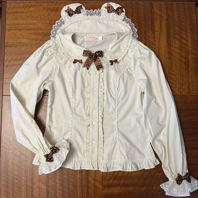 

MEXZT Kawaii белые рубашки женские японские Лолита розовые кружевные блузки с бантом модные повседневные топы с воротником Питера Пэна и длинными рукавами