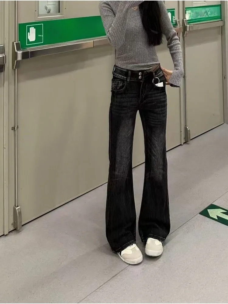 Jeans in denim retrò americano Waed da donna primavera autunno gamba larga pantaloni lunghi fino al pavimento pantaloni lunghi a vita alta coreano Sle