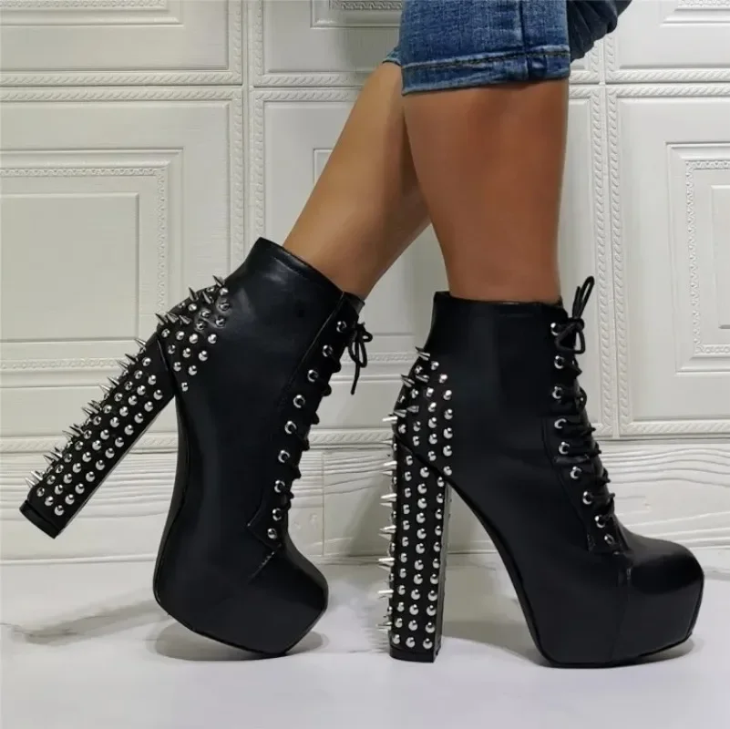 ASHIOFU Handmade Women's Chunky Heels Boots Rivets Spikes Sexy Platform In-stock Party Prom Cross-shoelace Fashion Winter Boots