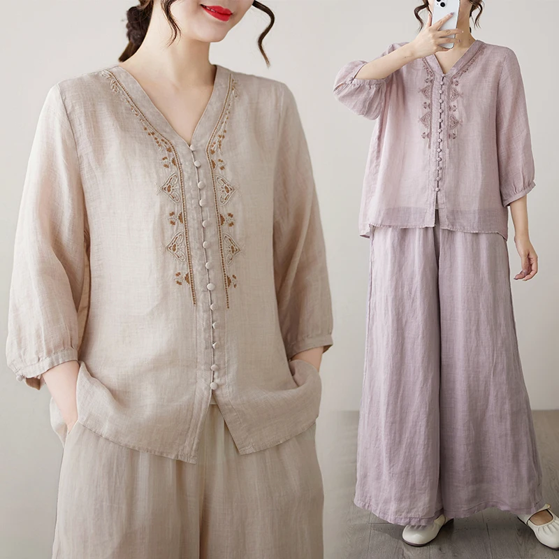 

Fashionable Embroidered Shirt Top And Wide Leg Pants Two Piece Set for plus Size Women Spring Summer New Arrival European Style