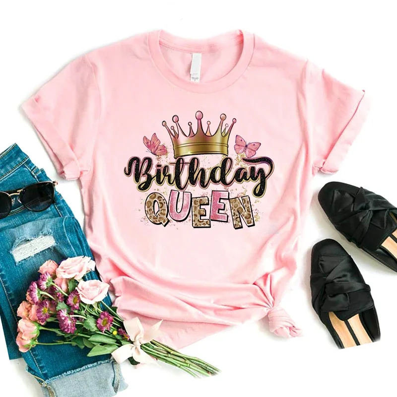 Watercolor Birthday Queen Butterfly Printed T Shirt Women Birthday Gift Tshirt Female Cool Summer Tops Tee Shirt Femme