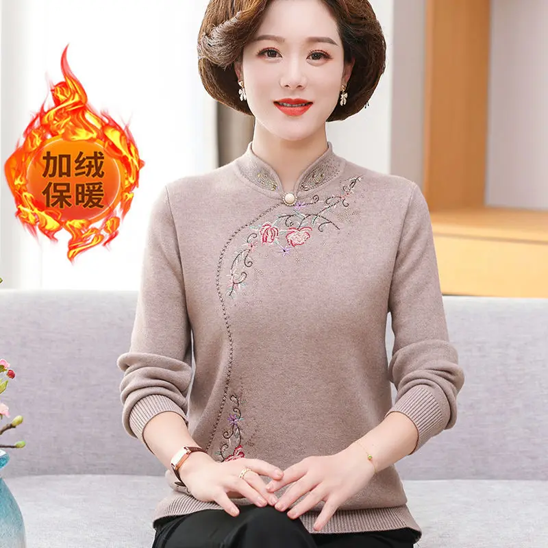 Winter Sweater Women Elegant Thicken Velvet Warm Sueter Fleece Knitted Pullover Top Middle Aged Elderly Mother Jumper Knitwear