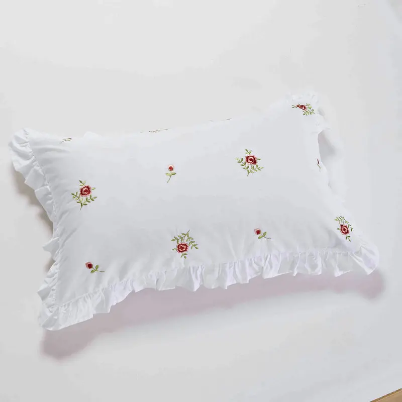 Embroidery Rose Flowers Pillowcase White Beige Pink Cotton Pillow Cover Protector Bedding Home Decoration 48X74cm Pillow Sham