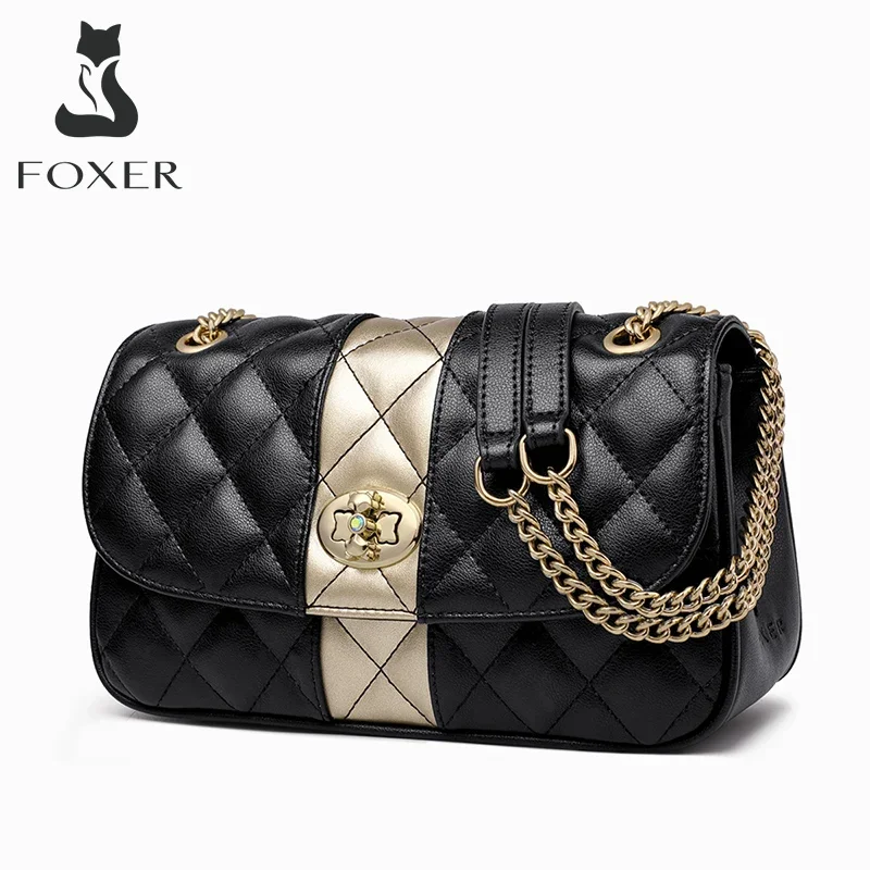 FOXER Women Crossbody Bag Diamond Lattice Handbag Lady Armpit Shoulder Bag Girl\'s Split Leather Chain Strap Black Messenger Bags