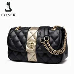 FOXER-Bolso cruzado con entramado de diamantes para mujer, bandolera de hombro con correa de cadena de cuero dividida, color negro