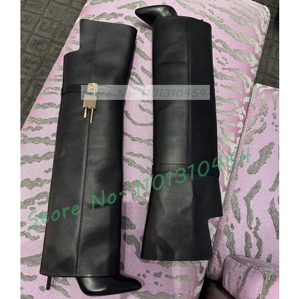 

Stiletto Over Knee Boots With Gold Lock Women Trending Pointy Toe Leather Modern Boots Female High Heels Belt Buckle Long Shoes