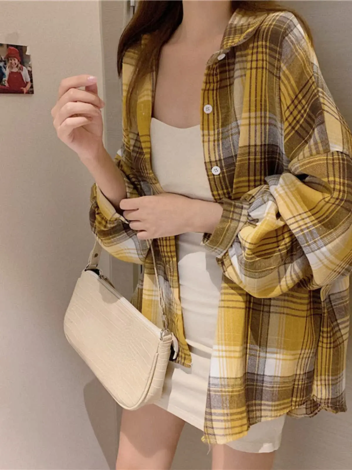 ผู้หญิงลายสก๊อตบางหลวมยาว Sve irt Street Sle ขนาดใหญ่ Cheered พิมพ์ Casual Busin สํานักงานสวมใส่ฤดูใบไม้ร่วง