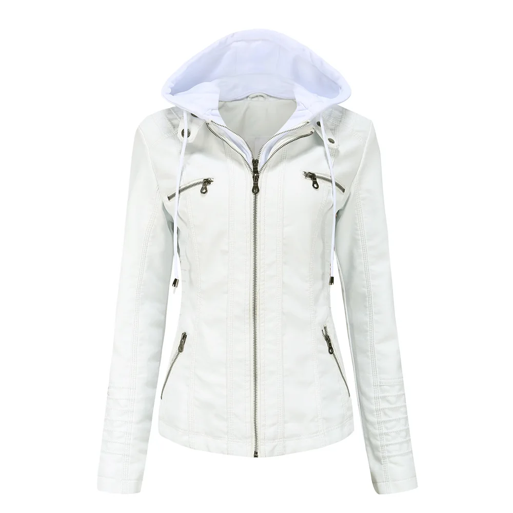 Chaqueta de cuero LAVADO DE PU para mujer, chaqueta de cuero con capucha, ajuste grande, a prueba de viento, deportes, primavera y otoño, calidad