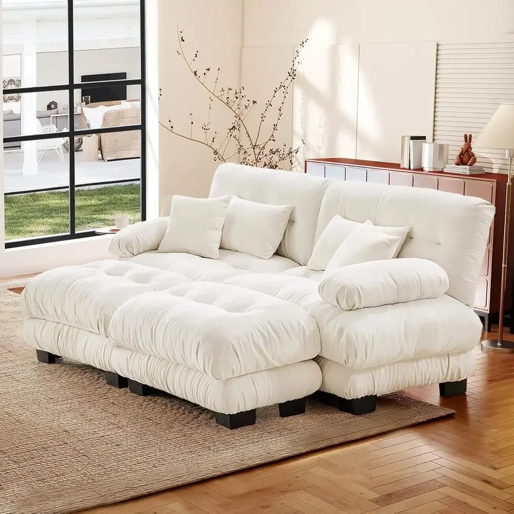 Oversized 94.4 Chenille 2-Seater Cloud Sofa with 2 Ottomans and Pillows, High-Density Foam Filled, Ideal for Living Room Lounge