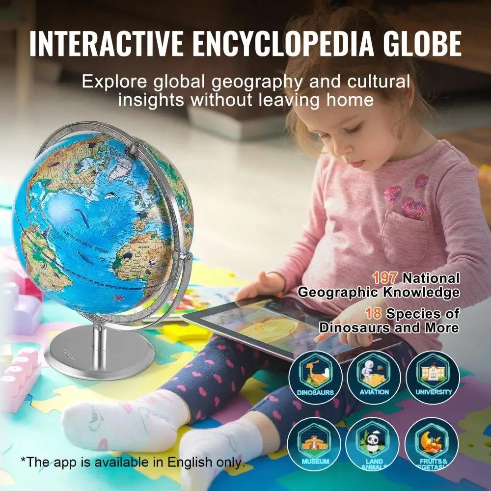 Interactive AR World Globe for kids 10 Inch Educational Globe with LED Night Light 720 Degree Rotation Compatible with Android
