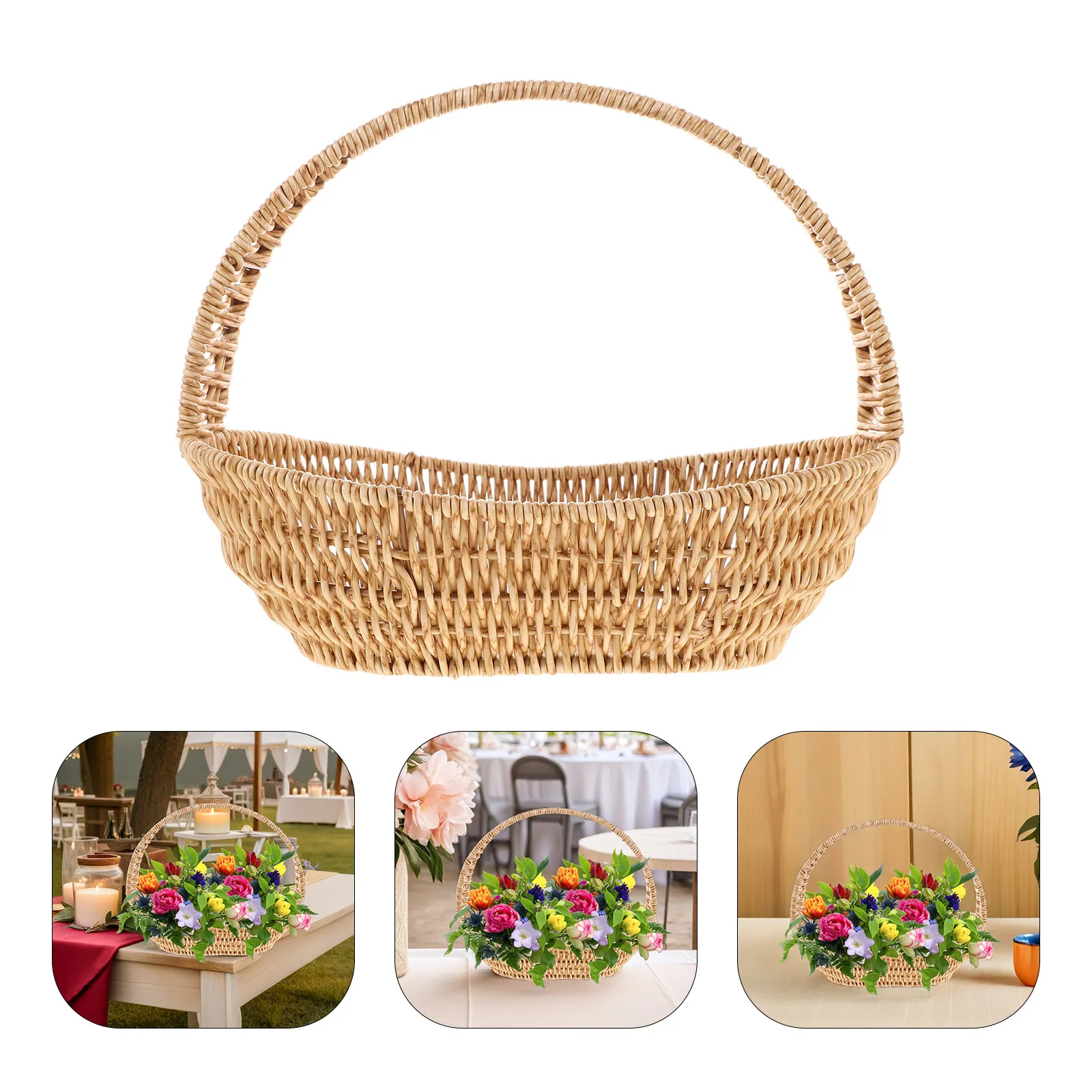 Portable Imitation Rattan Flower Basket Hand Woven Wedding Garland Handle Rustic Flower Arrangement Basket Table Centerpiece