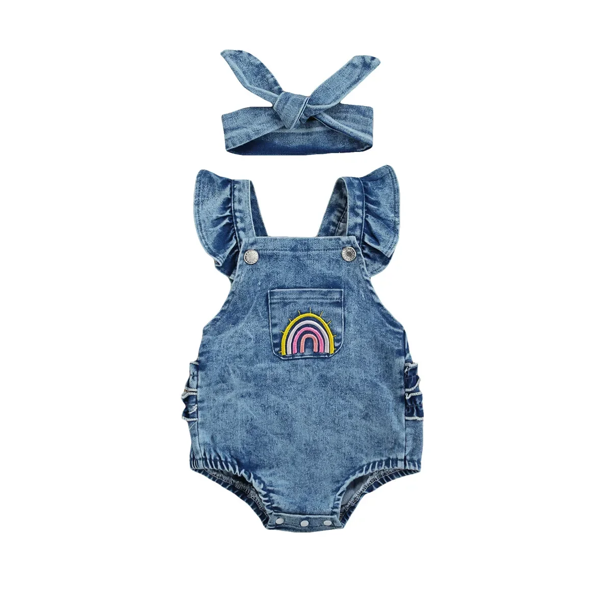 

Breathable Baby Girls Summer Rainbow Embroidery Romper + Headwear Set