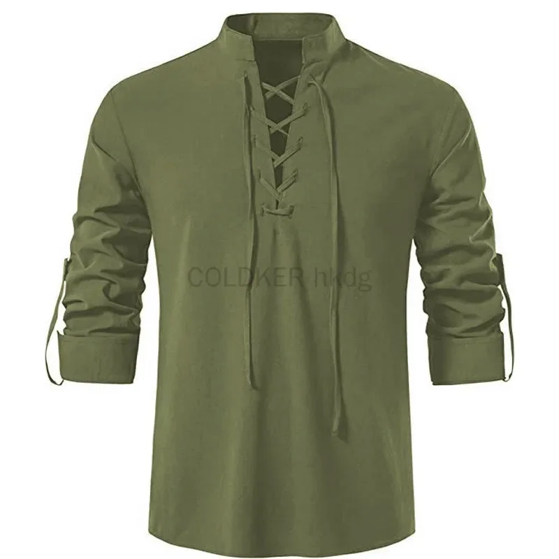 Green Khaki Men's Renaissance Shirt Pirate Medieval Top for Men Cotton Linen Shirts Men Long Sleeved Halloween Costume