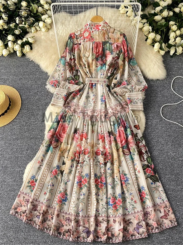 France Fashion Vintage Senior Print Dress Women Lantern Sleeve Single Breasted Ladies Clothes Elegant Lace Up New Design Dress