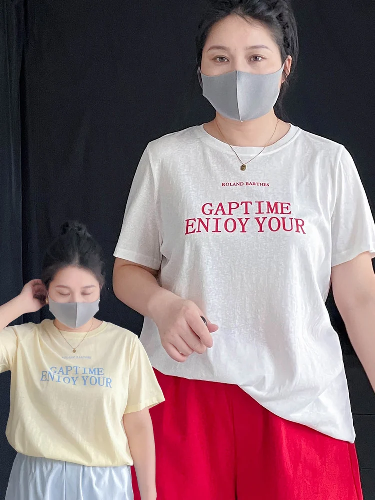 

Женская футболка свободного кроя больших размеров с коротким рукавом, корейский стиль, с принтом, из хлопка, удобная, дышащая, стройнящая, летняя одежда