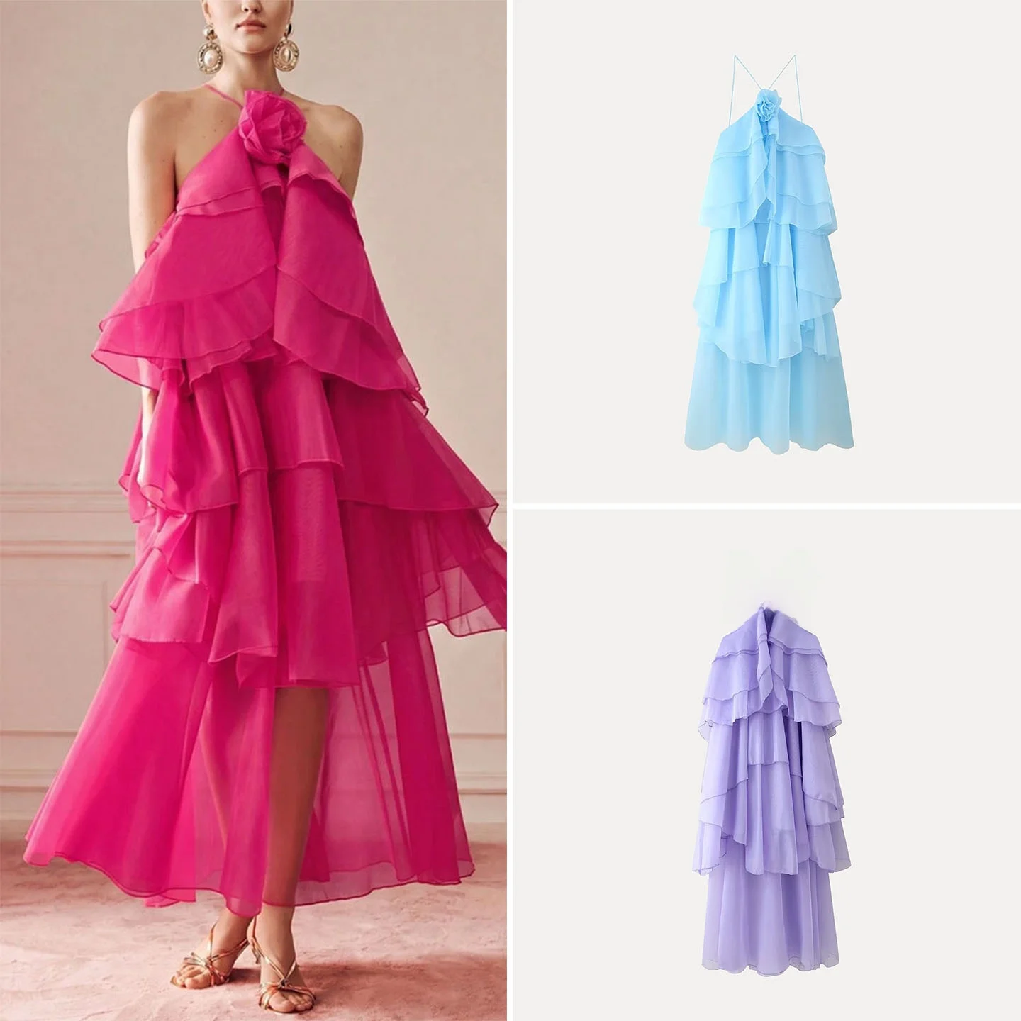 Fashionable Multi-Color 2026 Autumn New Women's Dress Neck Hanging Backless Dress Layered Decoration Floral Pattern Casual Style