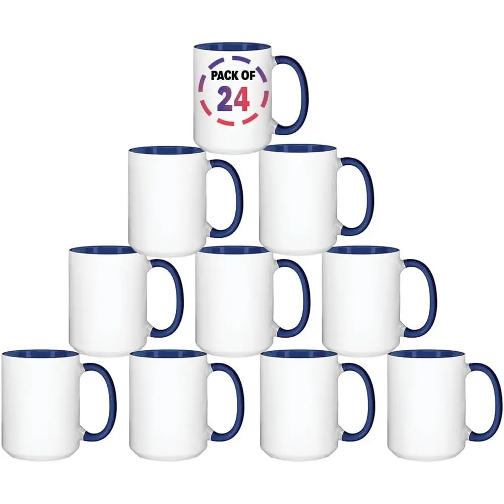 

15oz Blue Sublimation Mugs – Blank Ceic Cups or Heat Transer Printing – Set o 24 Bulk Mugs or Custom Crating, Customizable Drink
