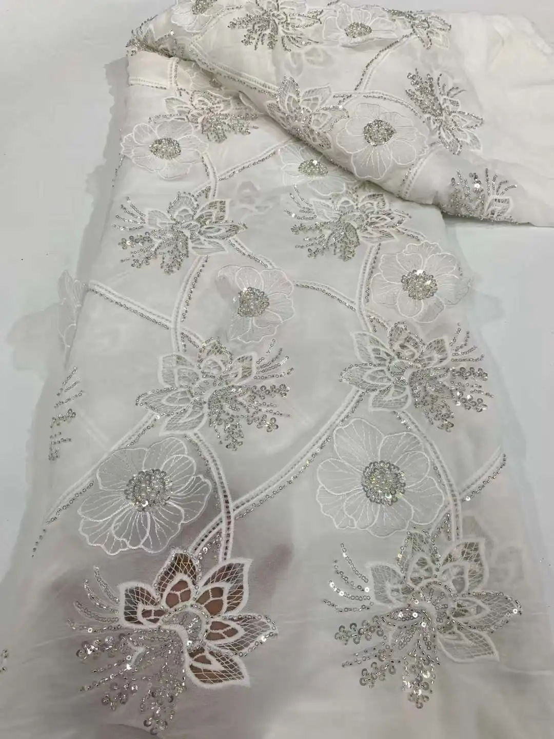 Latest African 3D Flower Lace Fabrics 2024 High Quality Luxury Chiffon Sequins Embroidery French Tulle Nigerian Wedding Material