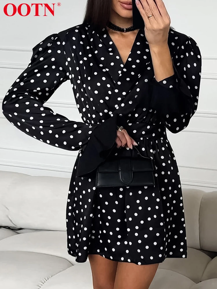 OOTN Polka Dot Dresses Women Casual Long Sleeve V Neck Slim Print Dress Female Elegant Office 2024 Autumn Fashion Party Chic