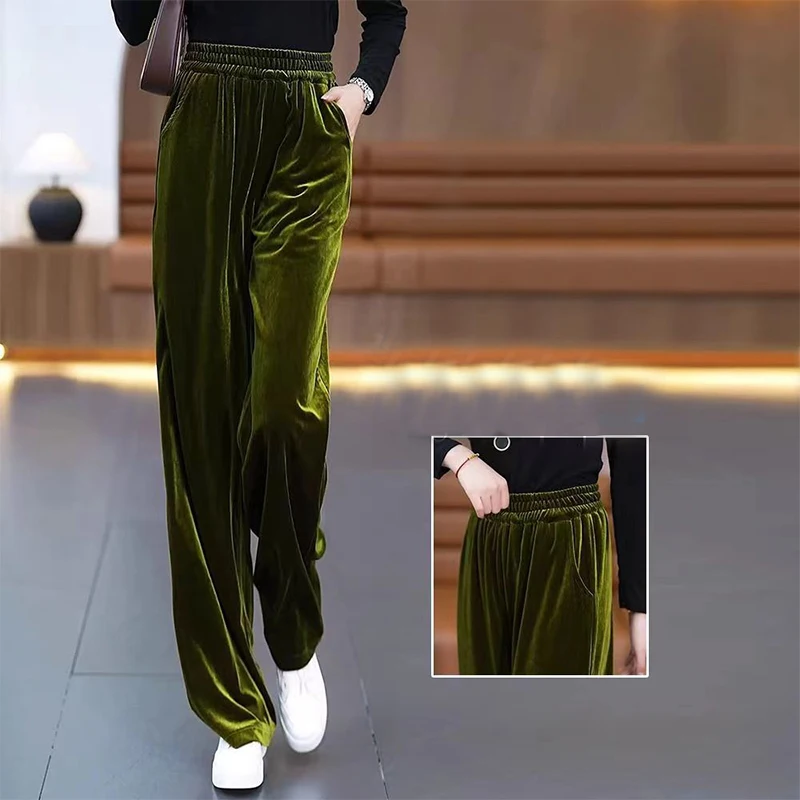 Calça Pleuche Elástica Feminina, Cintura Alta, Monocromática, Bolsos, Solta, Escritório, Reta, Calças de Perna Larga, Moda Coreana, Outono, Inverno