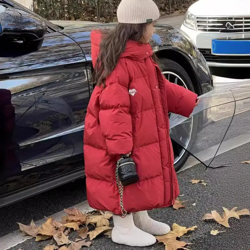 New Winter Style Solid Color and Plush Thick Windproof and Warm Fashion Long Hooded Cotton Jacket for Teenagers and Girls