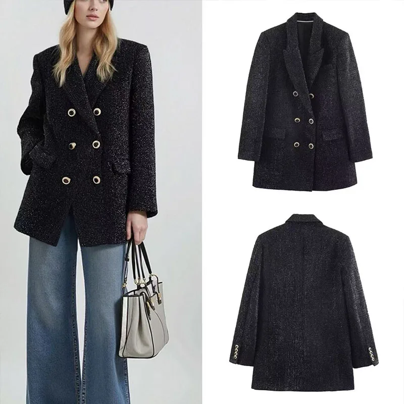 

2025 Fall/Winter New Double-Breasted Blazer with Notched Collar and Metallic Thread