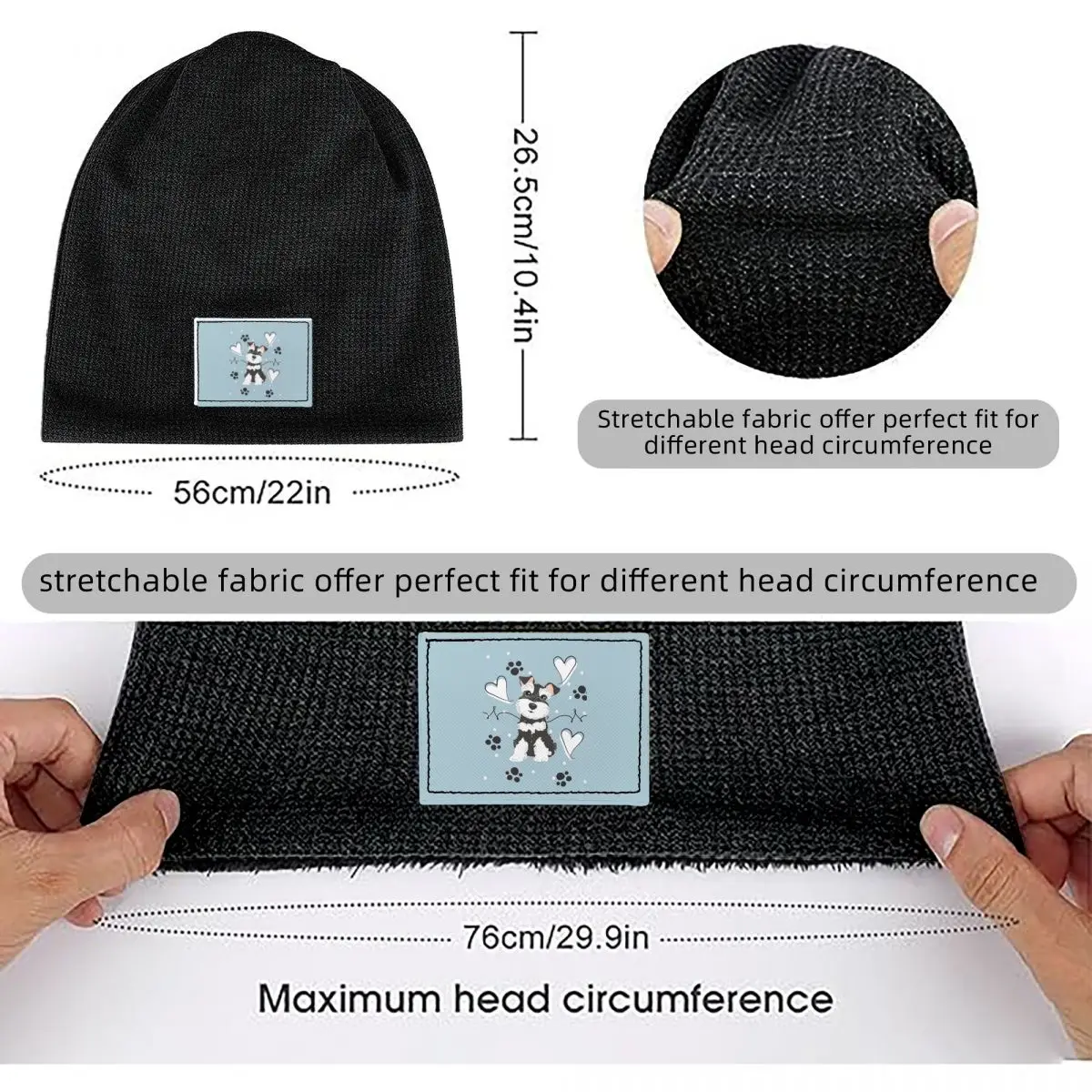Love Black And White Miniature Schnauzer Waffle Knit Fleece Lined Beanie with PU Leather Patch Unisex Warm Winter Soft Cap