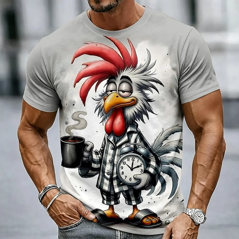 Men's Tired Rooster In Pajamas Coffee Print T-Shirt Cartoon Sleepy Chicken Morning Mood Graphic Crew Neck Short Sleeve Tee