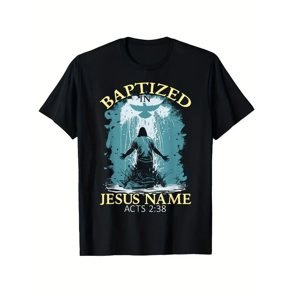 

[Durable Print] Acts 2 38 Baptismal Verse Men's T Shirt Crew Neck Short Sleeve in Black with Water & Baptism Graphic Ideal for
