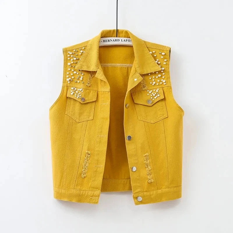 Colorful Denim Jacket Waistcoat Women\'s Spring Summer New Slim Hole Beaded Sleeveless Coat Female Short Casual Vest Outwear Tops