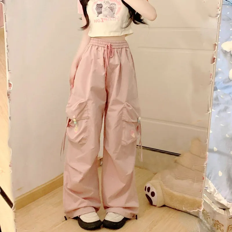 

Korean Style Cute Wide Leg Trousers Pink Blue Japanese Kawaii Casual Pants Women Sweet Flower Embroidery Button Pocket Sweatpant