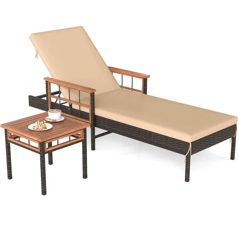 Acacia beige 79-inch mixed brown PE rattan outdoor recliner side table, 400 pounds, 4-gear backrest
