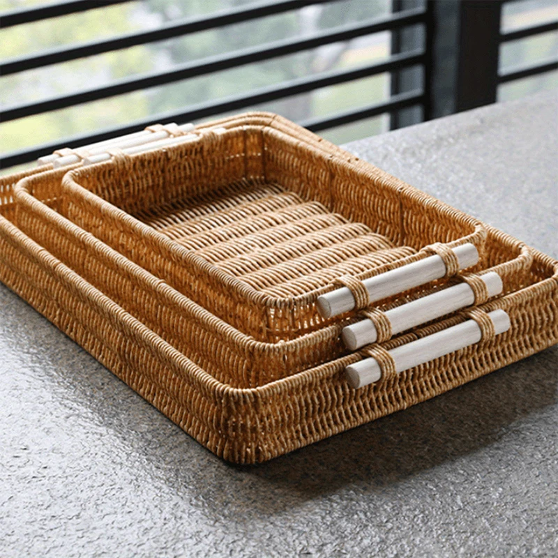 Natural Rattan Foods Tray With Handles Picnic Bread Snack Plate Fruit Cake Sundries Box Handwoven Rattan Saucer Storage Baskets