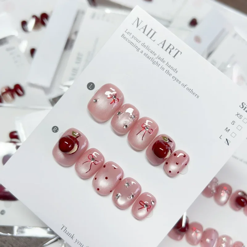 

10Pcs Handmade Acrylic False Nails Red 3D Apple Shimmering Cat Eye Design with Polka Dot Bow Accents Perfect for Girls' Wear