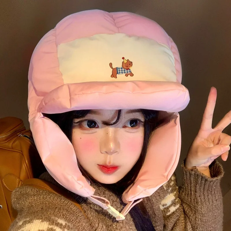 New Cute Cartoon Quilted Kitten Print Ear Protection Women Lei Feng Hat Winter Warm Outdoor Riding Ski Windproof Pilot Caps