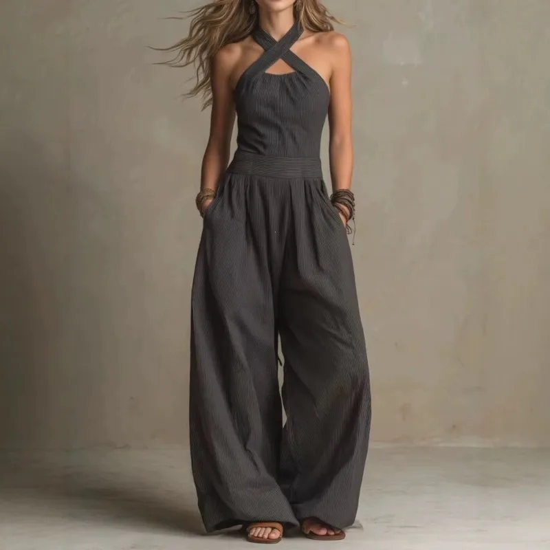 

Female Jumpsuit New Sleeveless Women's Fashionable Casual Wide Leg Pants Simple Slim Fit Solid Color Slimming Jumpsuit