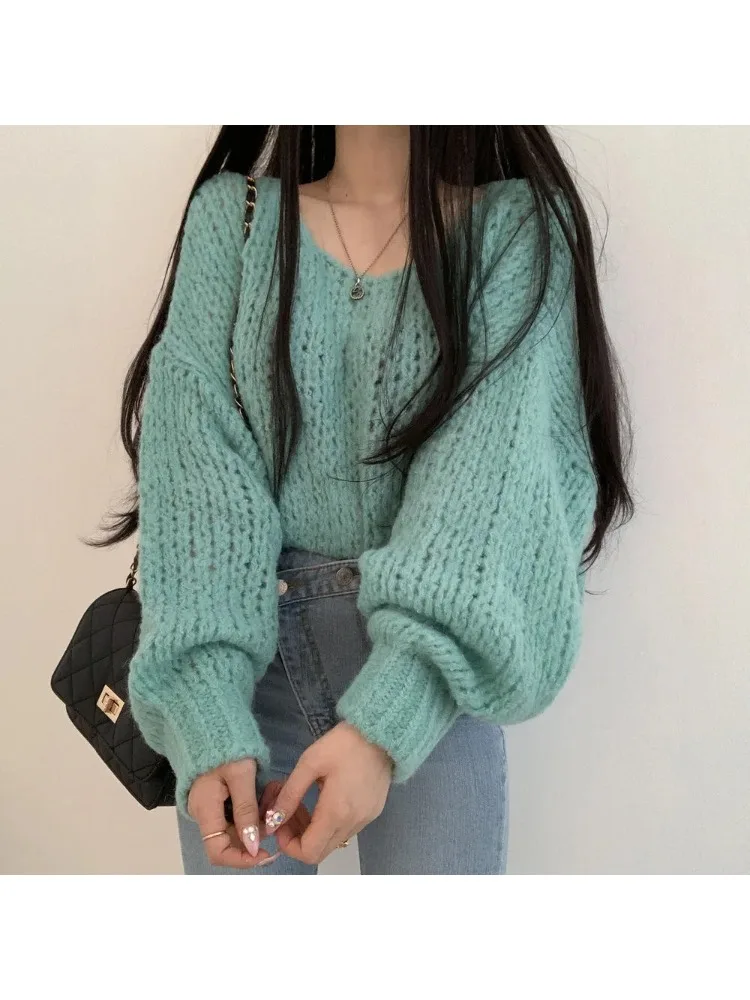 Dolce maglione autunnale lavorato a maglia con design scavato, pullover ampio da donna, top casual lavorato a maglia a maniche lunghe con scollo tondo