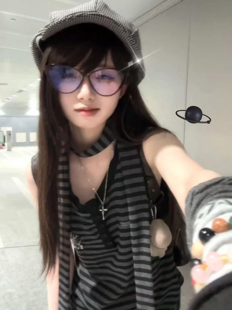 

American Retro Star Color Blo Striped Svel Vest Women's Summer Loose High Sensation Harajuku Sle Top Trendy